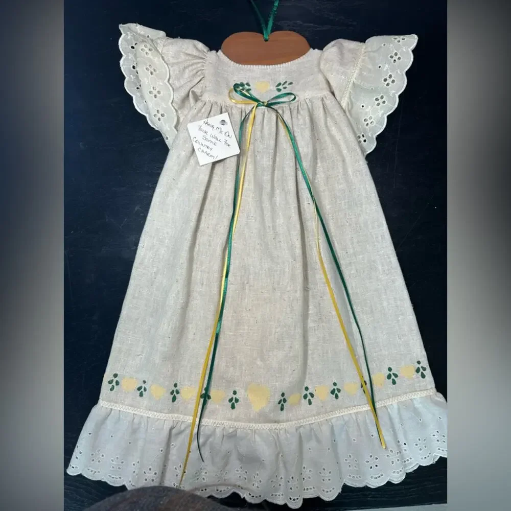 Cream Eyelet hand stamped prairie cottagecore wall decor VTG hanging Dress